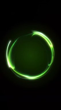 Yumuşak akış izlerine sahip dikey döngülü yeşil neon küre düzgün dairesel bir dijital hareket oluşturur. Gelecekçi minimalist ışıldayan animasyon.