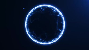 Pürüzsüz neon enerji dalgalarıyla parlayan mavi bir plazma küresinin kusursuz döngüsü fütüristik dairesel bir şekil oluşturuyor. Yumuşak hareket, minimal parçacıklar ve temiz bilim kurgu atmosferi.