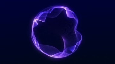 Akan dijital dalgalardan oluşan parlak, yumuşak, mor neon kürenin animasyonu. Düz dairesel hareket, zarif fütüristik titreşim ve ince parçacık parıltısı..