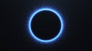 Parlak mavi parçacık girdabı, karanlık bir bilim kurgu arka planında güçlü fütürist enerji hareketine sahip bir portal gibi parlayan dairesel bir halka oluşturuyor..