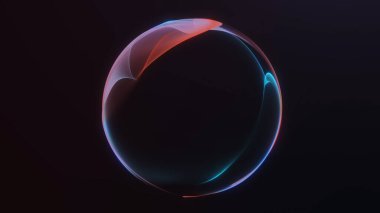 Yumuşak neon dalgaları ve koyu arkaplanda minimalist pürüzsüz şekilleri olan canlı bir gradyan küre. Modern şık renkli dijital tasarım.