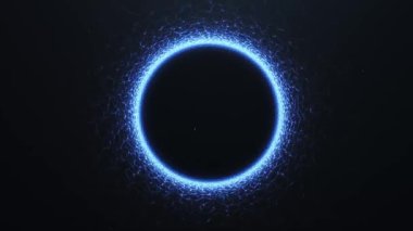 4K parlayan mavi parçacık döngüsü güçlü bilim kurgu hareketleri ve yüksek teknolojili görsel efektleri olan dairesel bir enerji portalına dönüşüyor..
