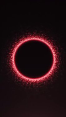 Merkezi bir boşlukta parlayan neon parçacıklarından oluşan dinamik kırmızı girdap halkası. Bilim kurgu tarzında yüksek enerjili hareket. 4K 60FPS 'de kusursuz döngü.
