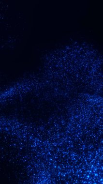 Mavi yüzen parçacıklar yumuşak parlayan bulutları karanlık uzayda dağıtırlar. Parlak fütüristik efektli dijital yıldız benzeri hareket.