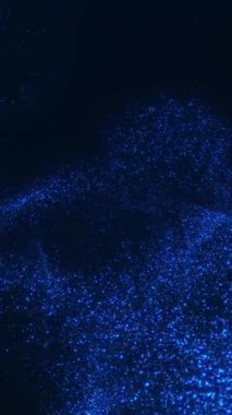 Dikey mavi parçacık bulutu genişleyerek karanlık dijital uzaya yayılıyor. Işıldayan fütüristik hareket efekti..