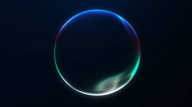 Pürüzsüz neon eğimli parlak dairesel küre koyu fütüristik arka planda mavi, yeşil ve kırmızı renkte. Zarif şekli ve temiz minimal tarzıyla soyut teknolojiden esinlenilmiş küre.