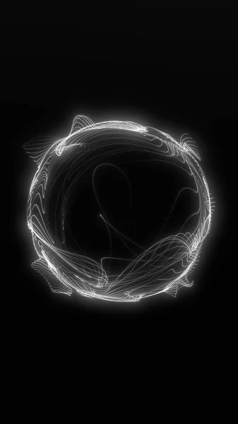 Beyaz parıldayan dijital çizgiler soyut bir fütüristik küre oluşturuyor. Modern arka planlar ve bilim kurgu tasarımları için temiz siber estetik.