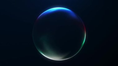 Yeşil, mavi ve kırmızı tonlarda kusursuz bir neon küre. Pürüzsüz fütüristik 4K 60FPS parıldayan küre modern teknoloji görselleri için koyu bir arka planda.