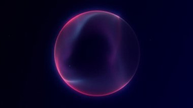 Yüzen ışık eğrileri ile en az neon parlayan küre fütüristik karanlık bir ortamda dönüyor. Teknoloji görselleri ve modern UI hareket grafikleri için kusursuz döngü soyut enerji.