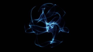 Parlayan sıvı çizgileri olan mavi fraktal enerji küresi koyu fütüristik arka planda dinamik soyut hareket oluşturur..