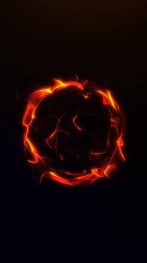 Akan neon lifleri ile kırmızı ve altın renginde parlayan küre koyu arkaplanda sıcak soyut fütüristik hareket oluşturur..