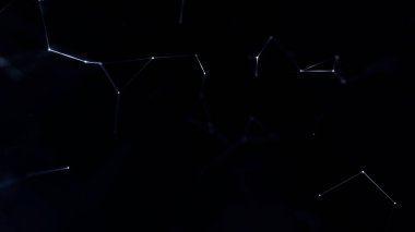 Asgari beyaz veri bağlantı çizgileri ve noktalar karanlık uzayda soyut ağ yapısı oluşturuyor. Temiz gelecek geçmişi teknolojiyi, iletişimi, yapay zekayı sembolize ediyor.