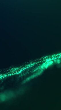 Koyu yeşil dijital parçacıklar koyu bir arkaplan boyunca akar, parlak noktalar ve pürüzsüz hareketlerle soyut bir fütüristik yüzey oluşturur, teknoloji görselleri, bilim kurgu sahneleri ve modern hareket tasarımı için idealdir..