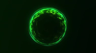 Pürüzsüz enerji hatları ve koyu arkaplanda parlayan parçacık yüzeyi olan soyut yeşil neon dijital küre. Teknoloji, yapay zeka sistemleri ve veri ağları için fütürist bilim kurgu hareketi döngüsü. 4k 60fps