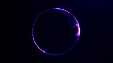 Soyut neon enerji küresi karanlık uzayda çözülüyor. Dönüşümü, dijital enerjiyi ve modern teknolojiyi sembolize eden gelecekçi eğimli küre kavramı.