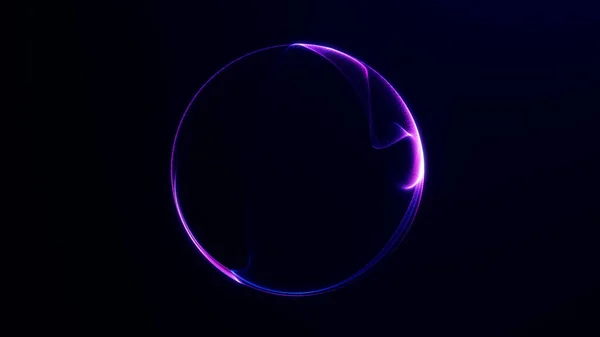 Soyut neon enerji küresi karanlık uzayda çözülüyor. Dönüşümü, dijital enerjiyi ve modern teknolojiyi sembolize eden gelecekçi eğimli küre kavramı.