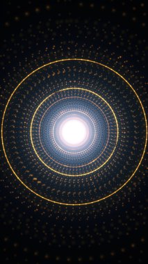 Parlayan parçacıklar ve eş merkezli halkalardan oluşan soyut altın tünel. Dijital arkaplan ve teknoloji tasarımı için uygun derinlik ve ışığa sahip gelecekçi enerji koridoru.