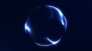 Koyu lacivert dijital küre girişi yumuşak sönen ışık ve ince parçacık parıltısıyla. Teknoloji tanıtımları, sinematik görseller, modern UI ve soyut hareket arkaplanı için minimal fütüristik küre animasyonu