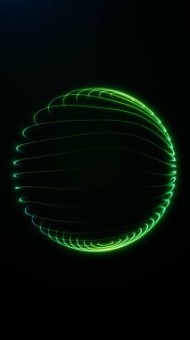 Koyu arkaplanda dikey neon yeşil fiber küre. Sanal teknolojiyi, parlayan enerjiyi ve dijital dönüşüm kavramlarını temsil eden soyut fütüristik çizimler.