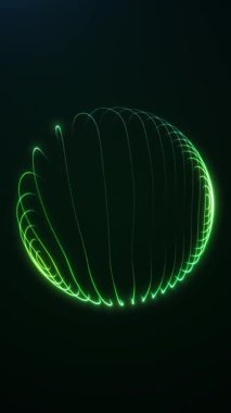 Dikey neon yeşil fiber küre, uzayda pürüzsüz dönüyor. Sanal teknoloji, veri enerjisi ve siber estetiği sembolize eden parlak çizgileri olan gelecekçi dijital küre.
