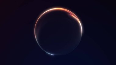 Yumuşak mavi, turuncu ve kırmızı arkaplanda küçük soyut neon küre. Teknoloji markalaşması, dijital tasarım, UI görselleri ve modern soyut arkaplanlar için temiz geleceksel kompozisyon.