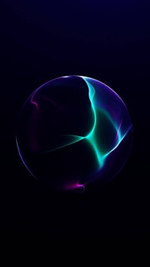Dikey soyut parlak küre, mor ve mavi neon gradyanı var. Pürüzsüz yüzeyi ve fütüristik görsel tarzı olan minimal dijital küre.