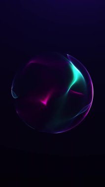 Mor ve mavi neon akışına sahip dikey soyut parlak küre. Pürüzsüz hareketli gelecekçi dijital küre, temiz tarz, 4K 60fps, pürüzsüz döngü.
