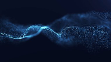 Parçacıklar ve ışık tarafından oluşturulan soyut mavi dijital veri dalgaları. Derinlik ve hareket hissiyle gelecek teknolojisi.