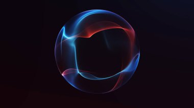 Akan kırmızı ve mavi gradyan enerji hatlarına sahip soyut fütüristik küre, parlayan dijital yüzey ve koyu arkaplan üzerinde düz hareket illüzyonu.