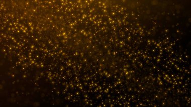 Altın parıldayan enerji parçacıkları karanlık uzayda lüks bir soyut alan oluşturuyorlar, derinliği ve ışığı olan zarif dijital arkaplan.