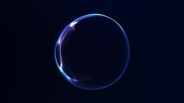 Akan parçacıklar ve ışık dalgalarından oluşan dağınık mavi ve mor enerji küresi, soyut dijital plazma hareketi, kusursuz döngü.