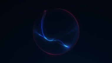 Dinamik mavi ve kırmızı enerji küresi, akışkan ışık izleriyle, parçacıklardan ve plazma dalgalarından oluşan fütüristik soyut küre, sinematik hareket, kusursuz döngü, 4K 60fps.