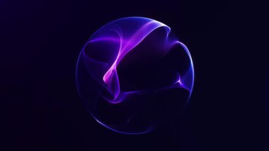 Soyut mavi ve mor parlayan enerji küresi karanlıktan kayboluyor ve sönüyor, pürüzsüz akan plazma hareketi, fütürist dijital küre girişi, pürüzsüz döngü, 4K 60fps.