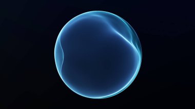 Karanlık uzayda parlayan plazma eğrileri olan dinamik sıvı enerji küresi. Pürüzsüz akış hareketi, parlak derinliği ve güçlü modern bilim kurgu görüntüsüyle fütüristik üç boyutlu küre.