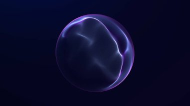 Lacivert ve mor renkli soyut enerji küresi koyu arkaplan üzerinde akan ışık. Dinamik hareketi, yumuşak derinliği ve atmosferik ışıltısı olan gelecekçi dijital küre.