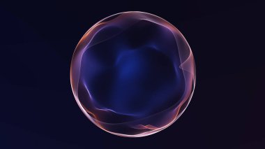 Akan turuncu, mavi ve mor renkli koyu arkaplan dalgalı soyut dijital küre. Yumuşak hareket, derinlik ve modern yüksek teknoloji görsel tarzıyla pürüzsüz fütürist enerji küresi.