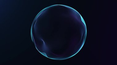 Soyut sıvı plazma küresi koyu arkaplanda mavi ve mor parlayan dalgalarla. Yumuşak hareketli, parlak derinlikli ve anlamlı dijital görsel yoğunluklu dinamik fütüristik enerji küresi.
