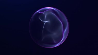 Soyut enerji küre animasyonu koyu arkaplanda lacivert ve mor dağınık ışık ile. Dinamik hareketli gelecekçi dijital küre, atmosferik ışıltı ve kusursuz döngü.