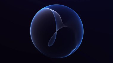 Fütürist parlak mavi beyaz enerji küresi. Koyu arkaplanda yumuşak bir ışık var. Pürüzsüz, zarif formda ve modern bilim teknolojisi modunda temiz minimal dijital küre..