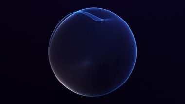 Koyu arkaplanda pürüzsüz ışık çizgileri olan parlak mavi enerji küresi. Minimalist hareketli temiz dijital küre formu, bilim kurgu teknolojisi atmosferi ve kusursuz döngü animasyonu