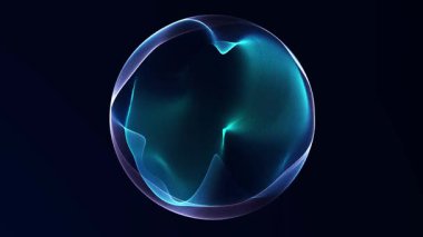 Parlak mavi eğimli küre yumuşak akışkan parçacıklara dönüşerek dairesel hareket eder. Fütürist soyut enerji küresi, minimal dijital biçim, kusursuz döngü, temiz arkaplan ve modern teknoloji