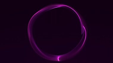 Parlayan mor enerji çemberi karanlık uzayda dönüyor. Püristik plazma dairesi pürüzsüz ışık akışı, minimum dijital hareket ve yumuşak neon parıltısı, kusursuz döngü soyut teknoloji arka planı.