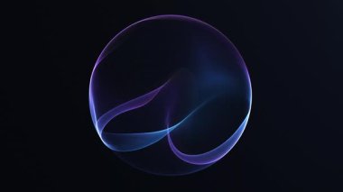 Koyu arkaplanda pürüzsüz ışık dalgaları olan çok az parlayan bir enerji küresi. Yumuşak dijital plazma dokusuna sahip temiz gelecekçi soyut küre.