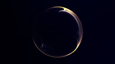 Zarif ışık eğimleri ve koyu arkaplanda yumuşak plazma yansımaları olan soyut altın parıldayan küre. Lüks dijital ışıltısı ve pürüzsüz dairesel geometrisi olan fütüristik parlak küre.