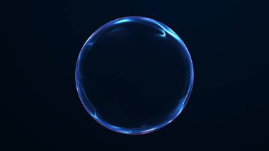 Pürüzsüz enerji yüzeyine sahip parlak mavi plazma küresi ve gelecekteki dijital ışık yansımaları. İnce hareket dalgaları ve koyu arkaplanda parlak kenarları olan soyut bilim kurgu küresi.
