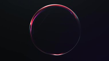 Neon kırmızı ve mavi parlayan enerji çemberi koyu arkaplanda soyut plazma küresini oluşturuyor. Fütürist dijital ışık çemberi, düz hareket enerji alanı, bilim kurgu teknolojisi tarzı animasyon.