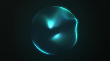 Dijital plazma yüzeyi olan ve enerji dalgalarını dağıtan mavi ve yeşil parçacık küresi. Parlak bilim kurgu hareketli soyut fütüristik küre.