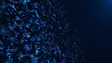 Parlayan çizgileri ve yüzen ışık parçacıkları olan soyut mavi dijital parçacık duvarı derinlerde hareket ediyor. Dinamik veri akışı etkisine sahip gelecekteki teknoloji arka planı.