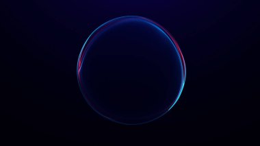 Pürüzsüz dijital ışık dalgalarıyla parlayan kırmızı plazma enerji çemberi koyu arkaplan üzerinde parlak gradyan parlaklığıyla soyut fütüristik halka oluşturur..