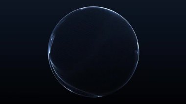 Koyu arkaplanda parçacık ağı yüzeyi olan gelecekteki mavi veri küresi animasyonu. Soyut dijital küre, yüksek teknoloji derinliği, 4K 60 fps döngü.